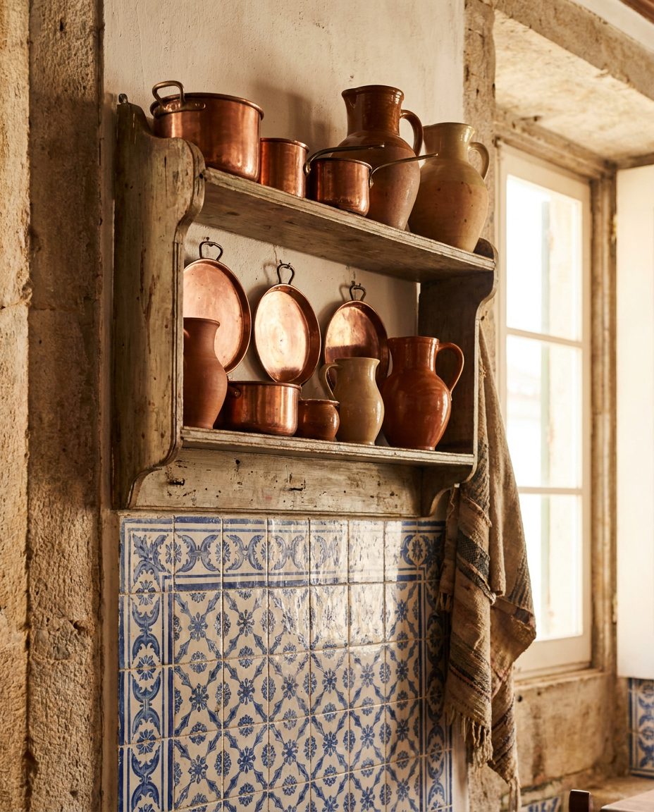 Prateleira com cobres e azulejo